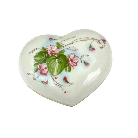 Vintage Handpainted Floral Heart-Shaped Porcelain Trinket Box By Aurora For Peru - Picture 1 of 9
